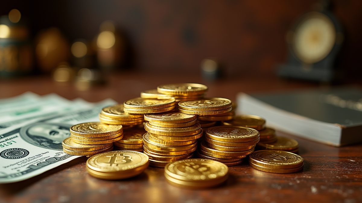 Montón de monedas y billetes rodeados de objetos de lujo.