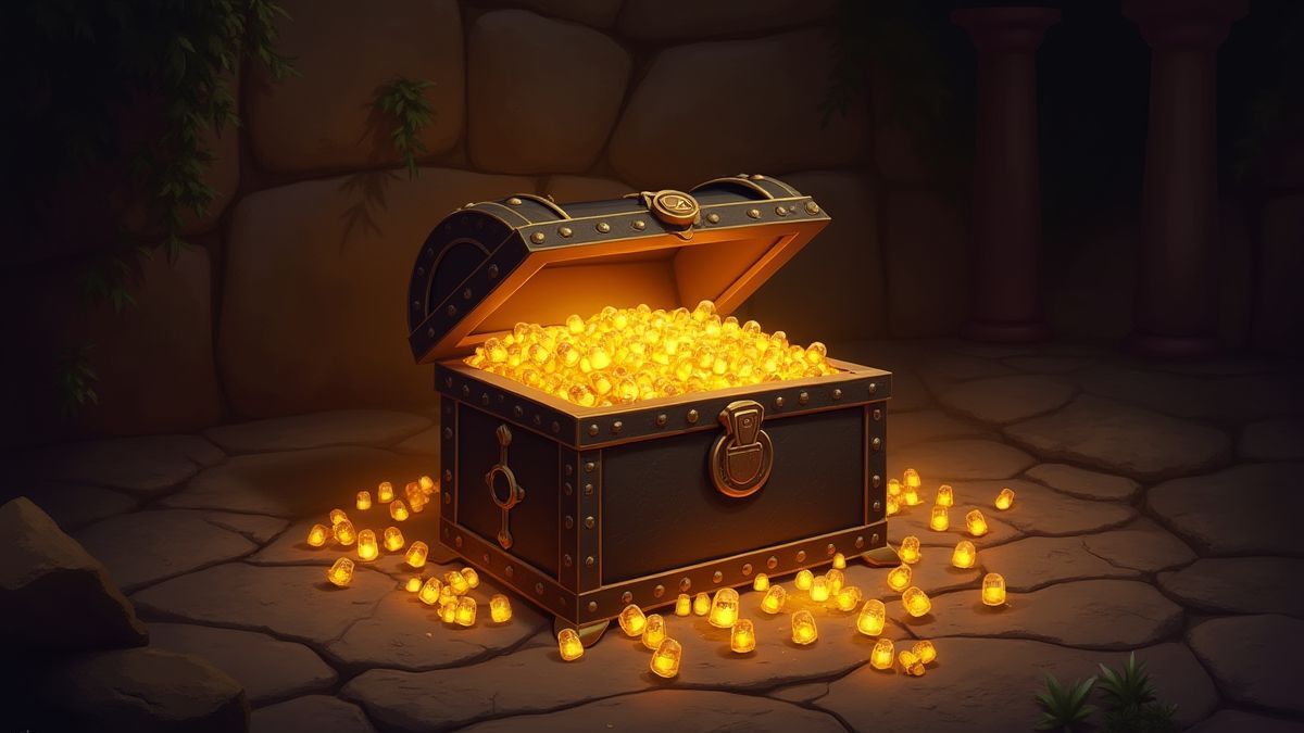 Coffre du trésor avec scarabées lumineux dans une tombe égyptienne.