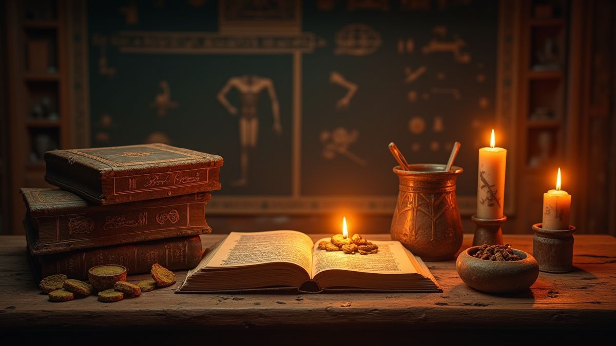Livres et artefacts égyptiens brillants sous la lumière des bougies.