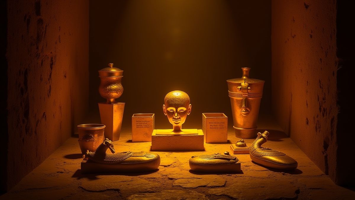 Artefacts égyptiens dorés brillants dans une tombe sombre.