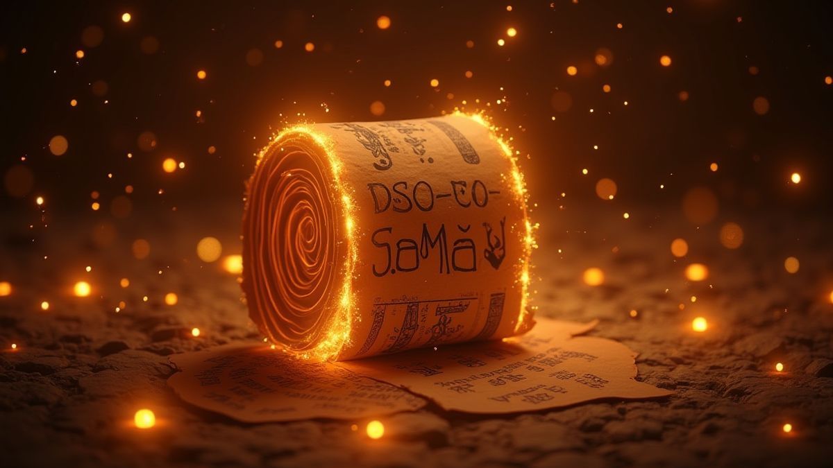 Pergaminos anciens et hiéroglyphes brillants autour d'une animation de rouleau tournant.