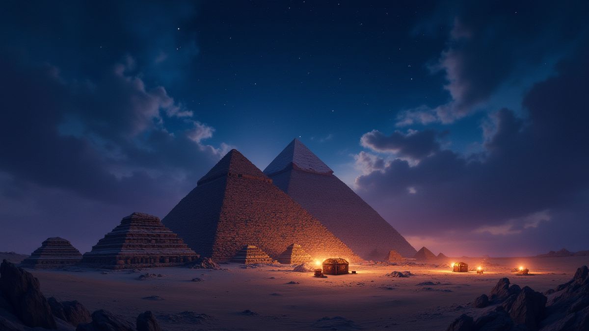 Pyramides sous un ciel étoilé avec des coffres au trésor brillants.