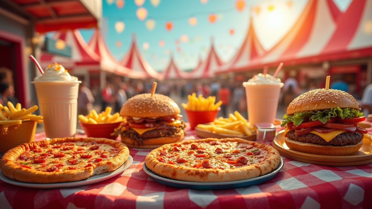 Escena de festival de comida con una variedad de snacks.