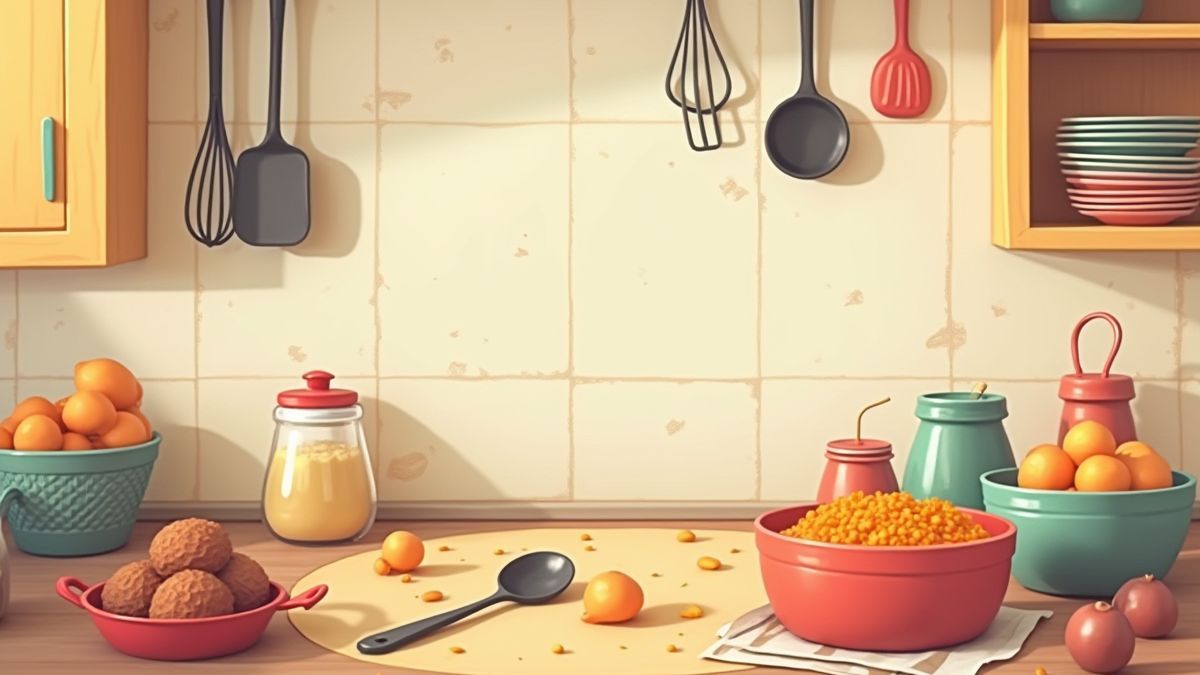 Cocina animada con utensilios y comida dispersa.