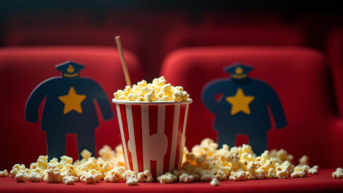 Escena cómica en un cine con palomitas y accesorios de policía.