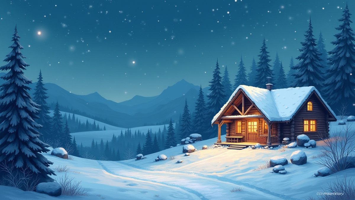 Sneeuwlandschap met een gezellige hut en feestelijke verlichting.