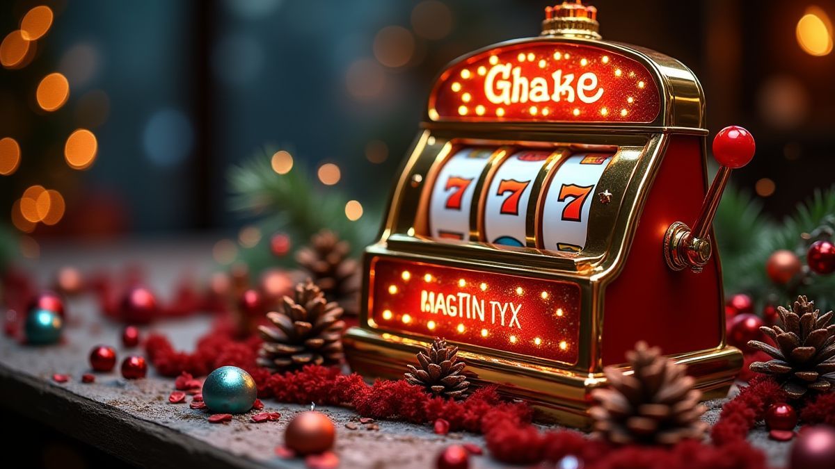 Kerstthema gokkast omringd door feestelijke decoraties.