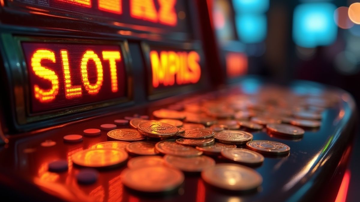 Monedas derramándose sobre una interfaz de tragaperras.