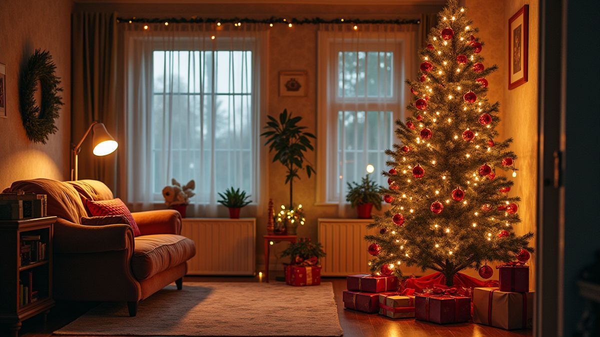 Sala natalina com um árvore decorada e presentes sob ela.