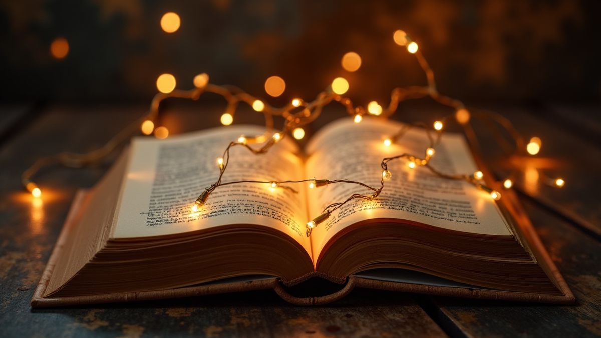 Livro mágico brilhando com luzes natalinas em uma mesa rústica.