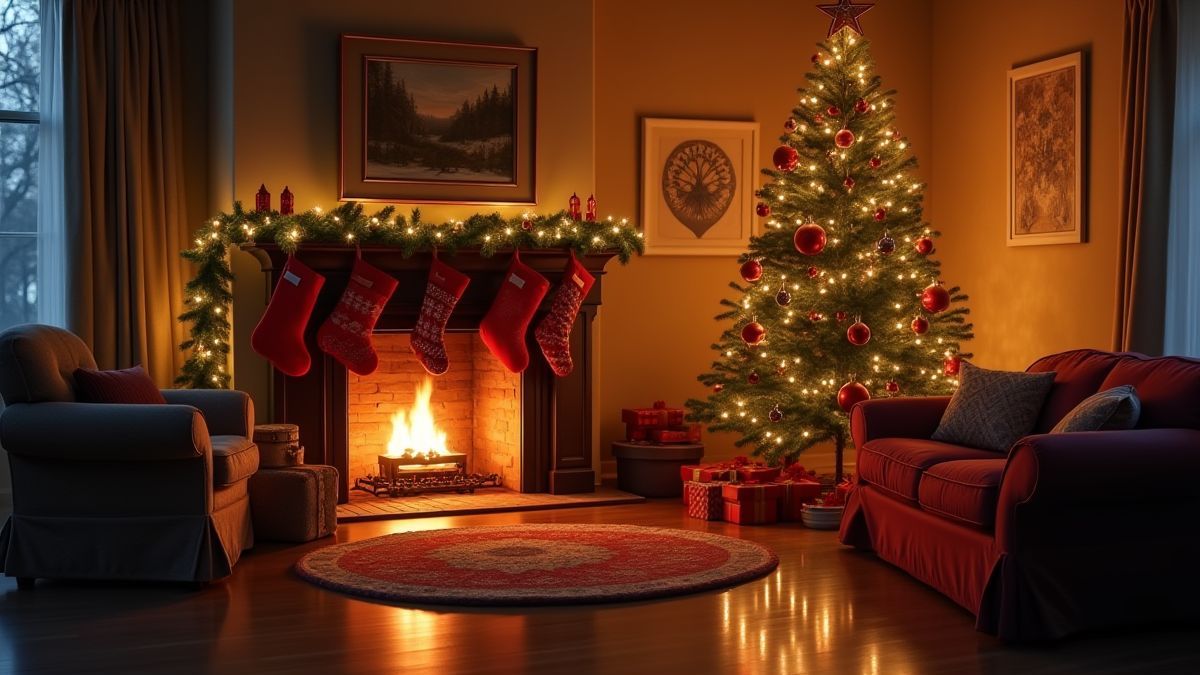 Een kerstkamer met haard en versierde boom.