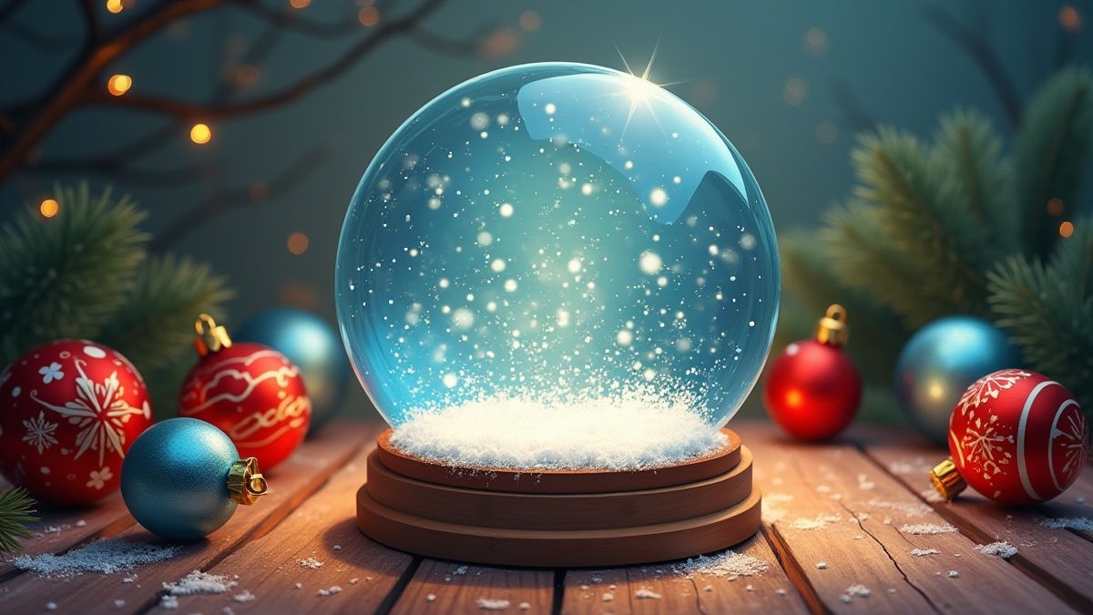Een sprankelende sneeuwbol omringd door kerstornamenten.