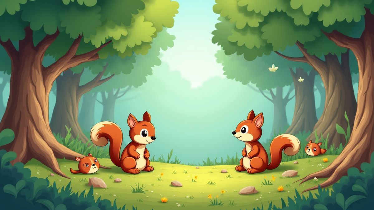 Bos animatie met eekhoorns en dieren.