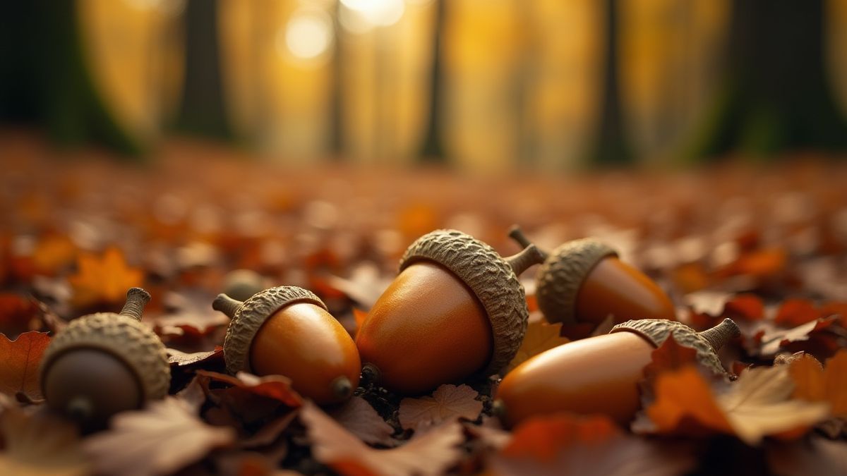 Gouden eikels in een bosomgeving.