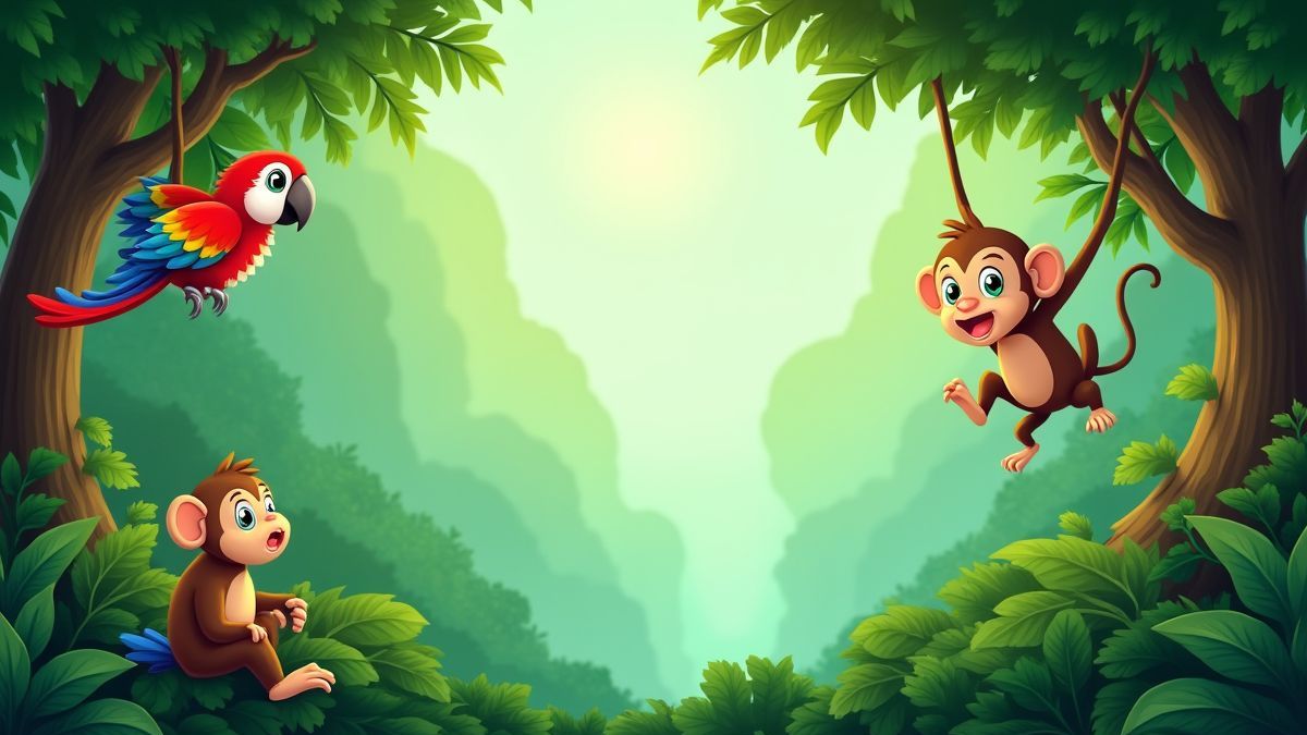 A green jungle with cartoonish animals like parrots and monkeys.