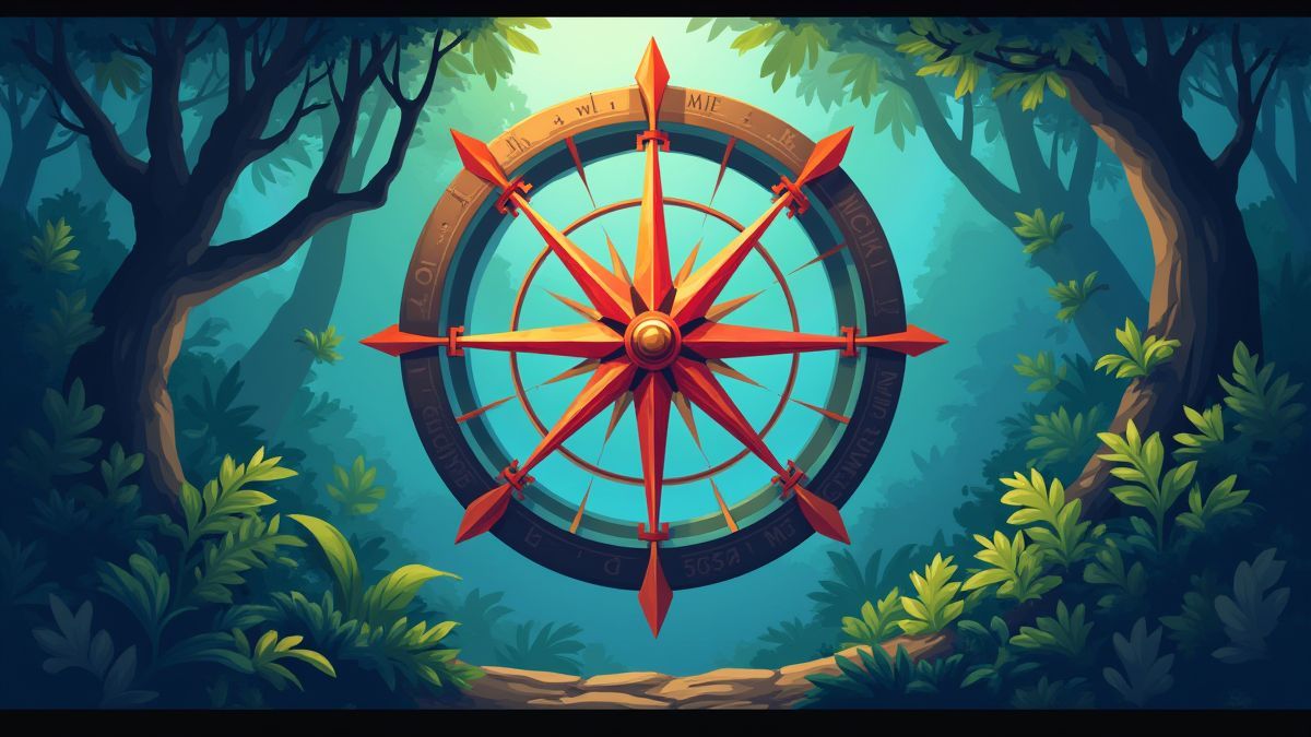 A colorful compass spinning in a jungle setting.