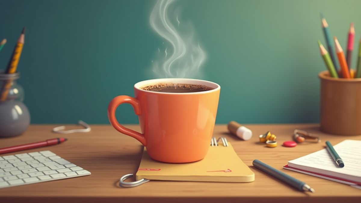 Animated coffee mug on an office desk