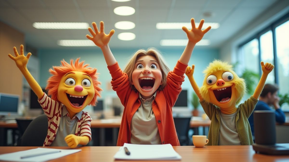 Animated office scene with characters celebrating a big win