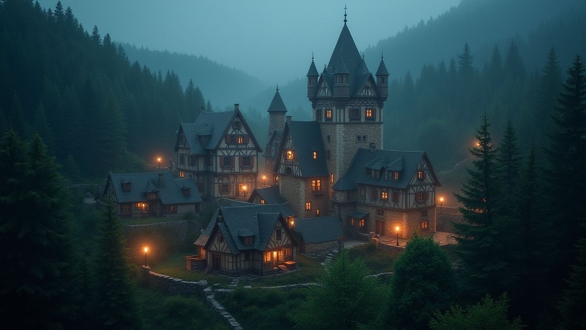 Uma aldeia medieval cercada por floresta e luzes mágicas.