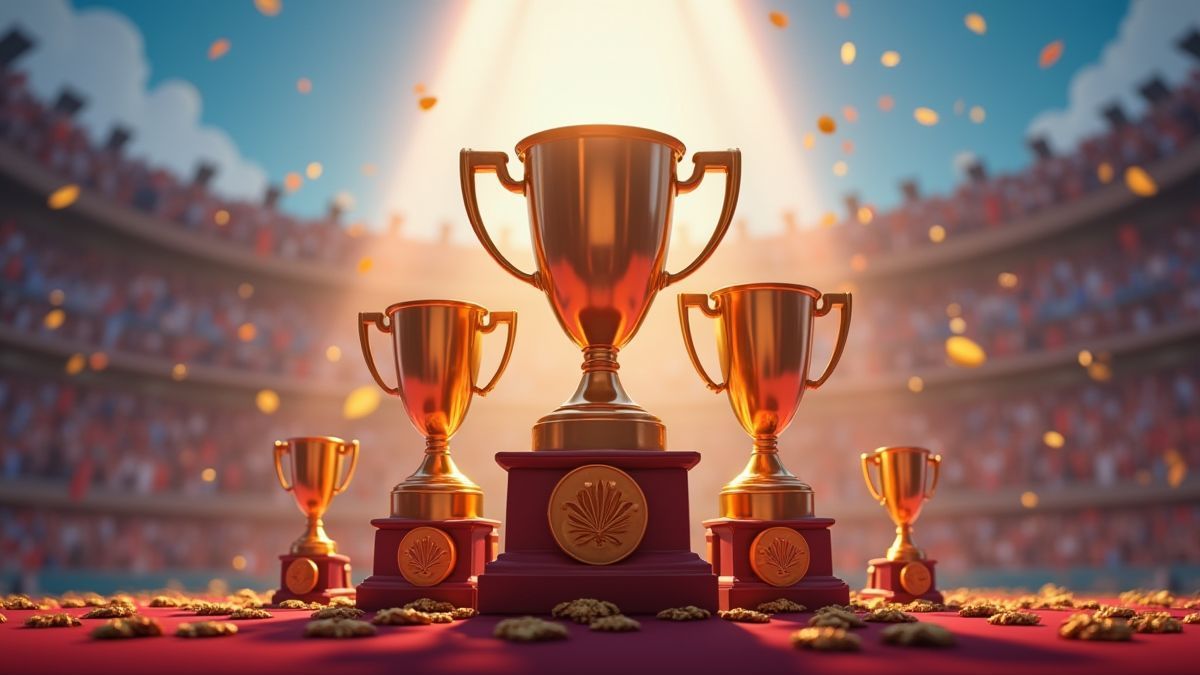 Medallas y trofeos sobre un podio olímpico animado