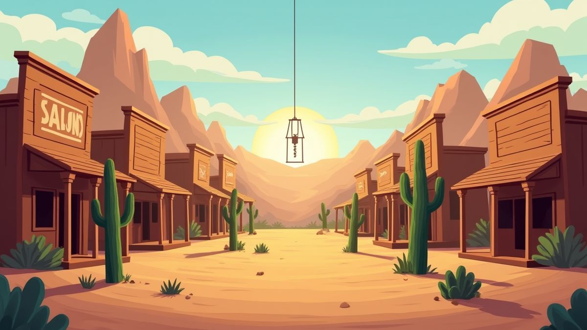 A desert town of the Wild West with saloons and cacti.