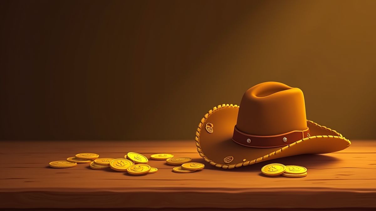 Gold coins and a cowboy hat on a wooden table.