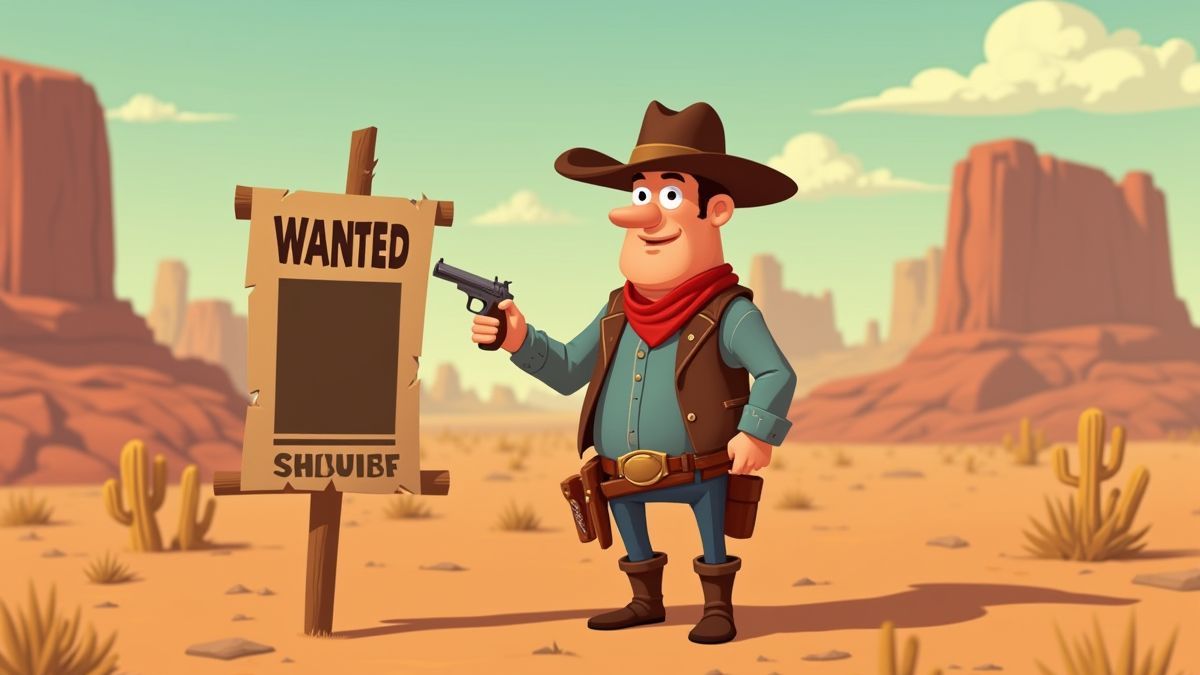 A sheriff holding a wanted poster in the desert.