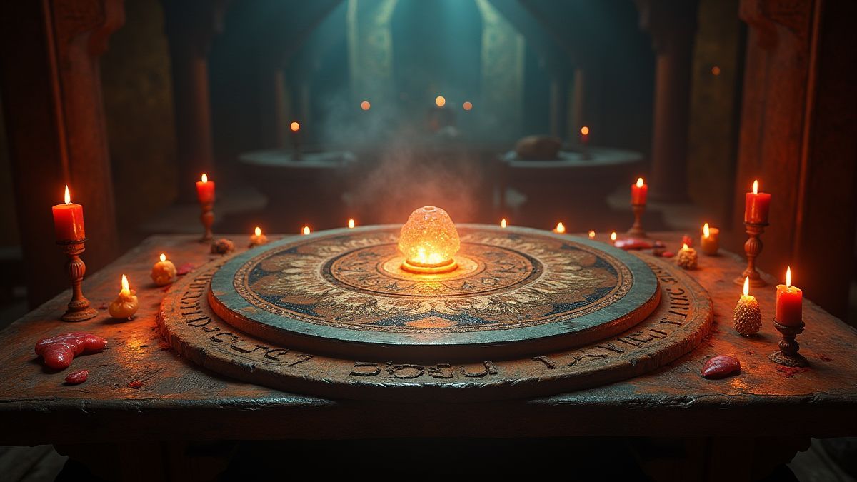 Mesa de oráculo antigua con artefactos místicos brillantes.