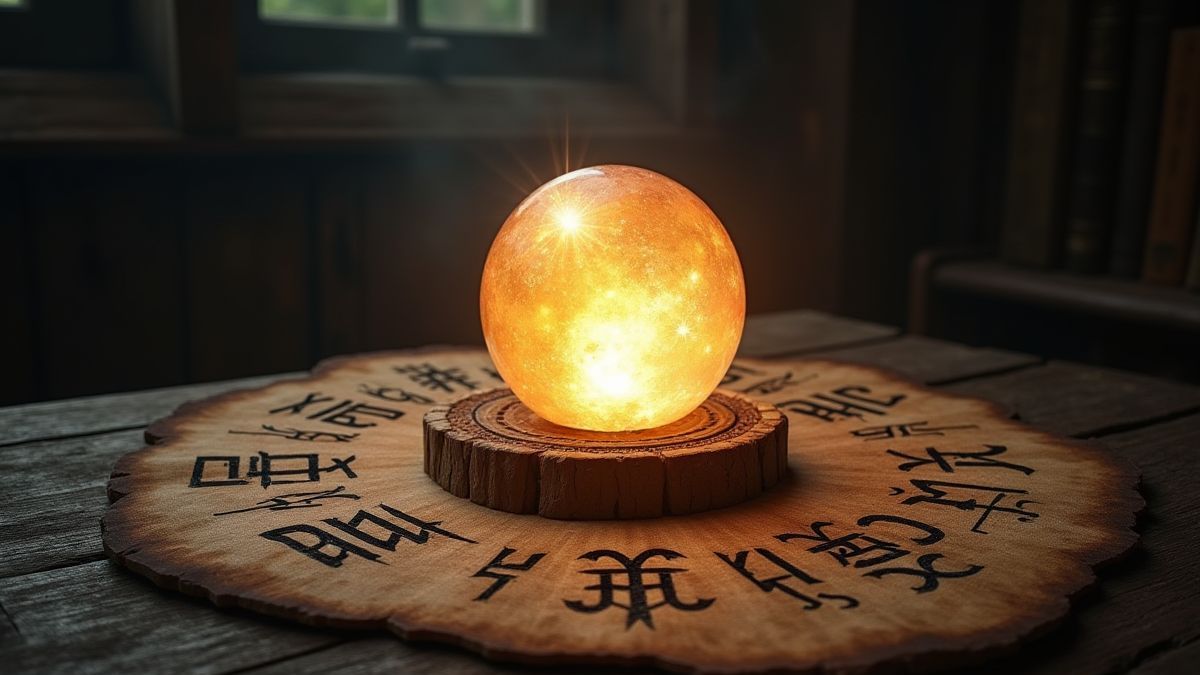 Una bola de cristal brillante sobre una mesa antigua con runas místicas.