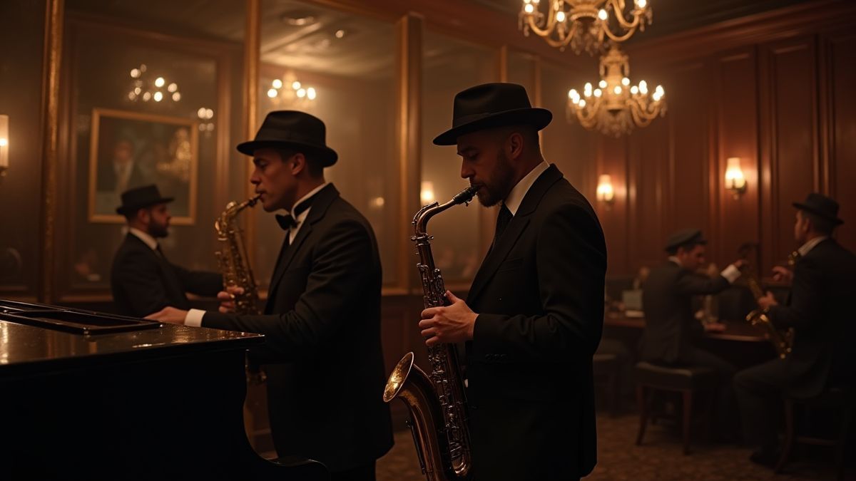 Interior of a 1920s jazz club with musicians playing.