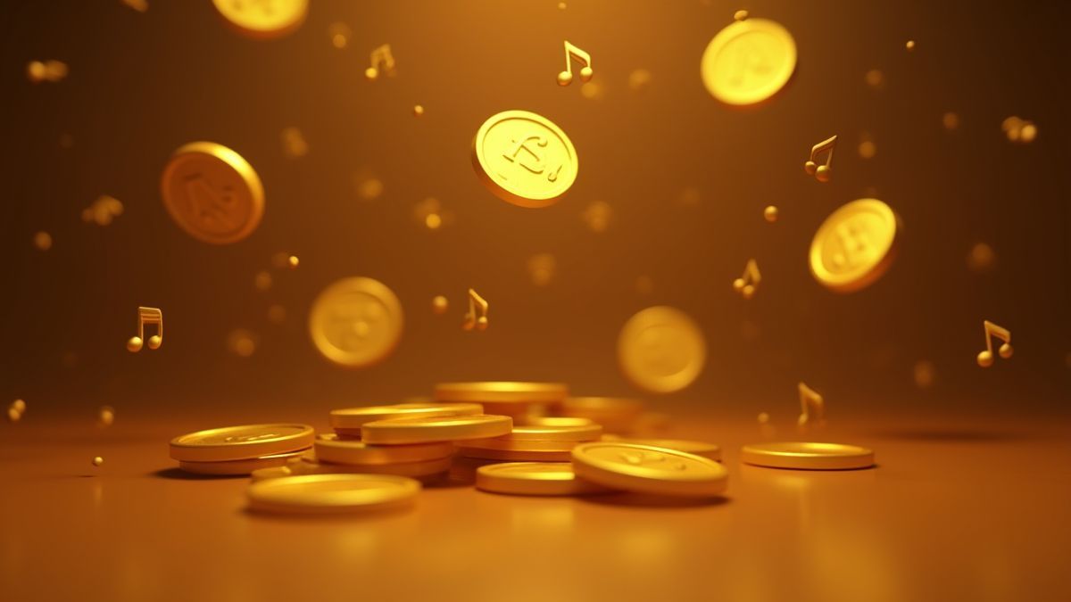 Golden coins and musical notes in a jazz environment.