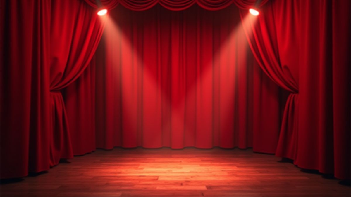 Classic theater stage with red velvet curtains and shining chandeliers.