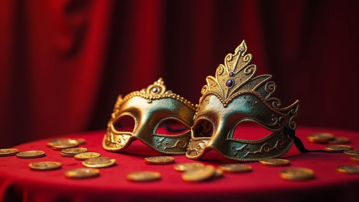 Elegant masks and gold coins on a velvet table.