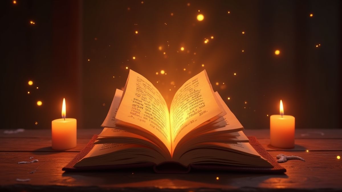 Um livro de feitiços mágico rodeado de velas e runas em uma mesa de madeira.
