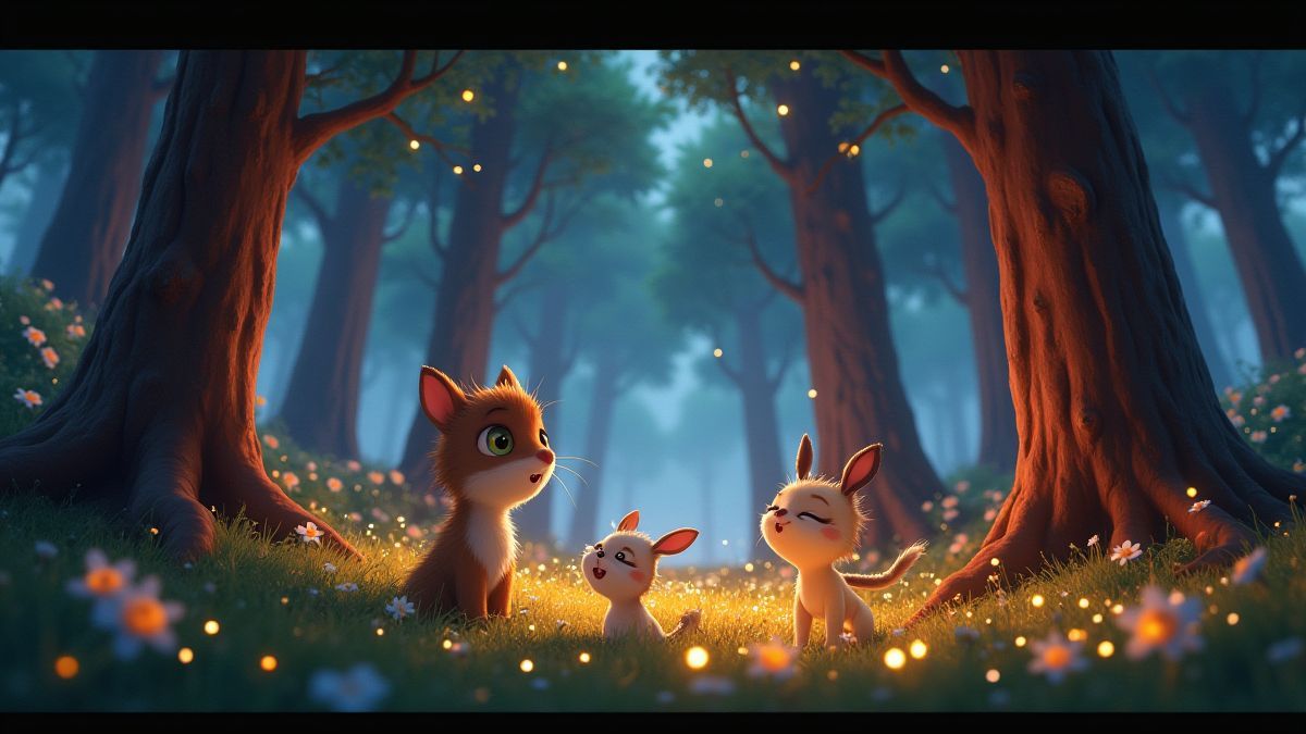 Uma floresta encantada cheia de luzes brilhantes e criaturas mágicas.