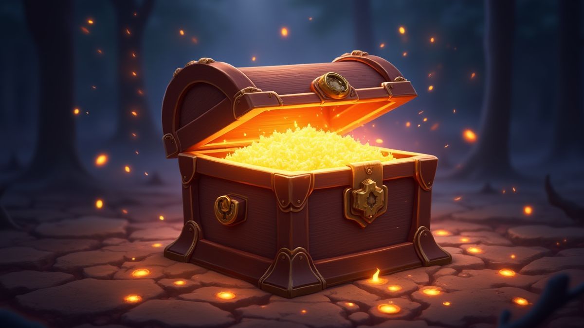 Un cofre del tesoro brillante rodeado de efectos mágicos en un escenario fantástico.