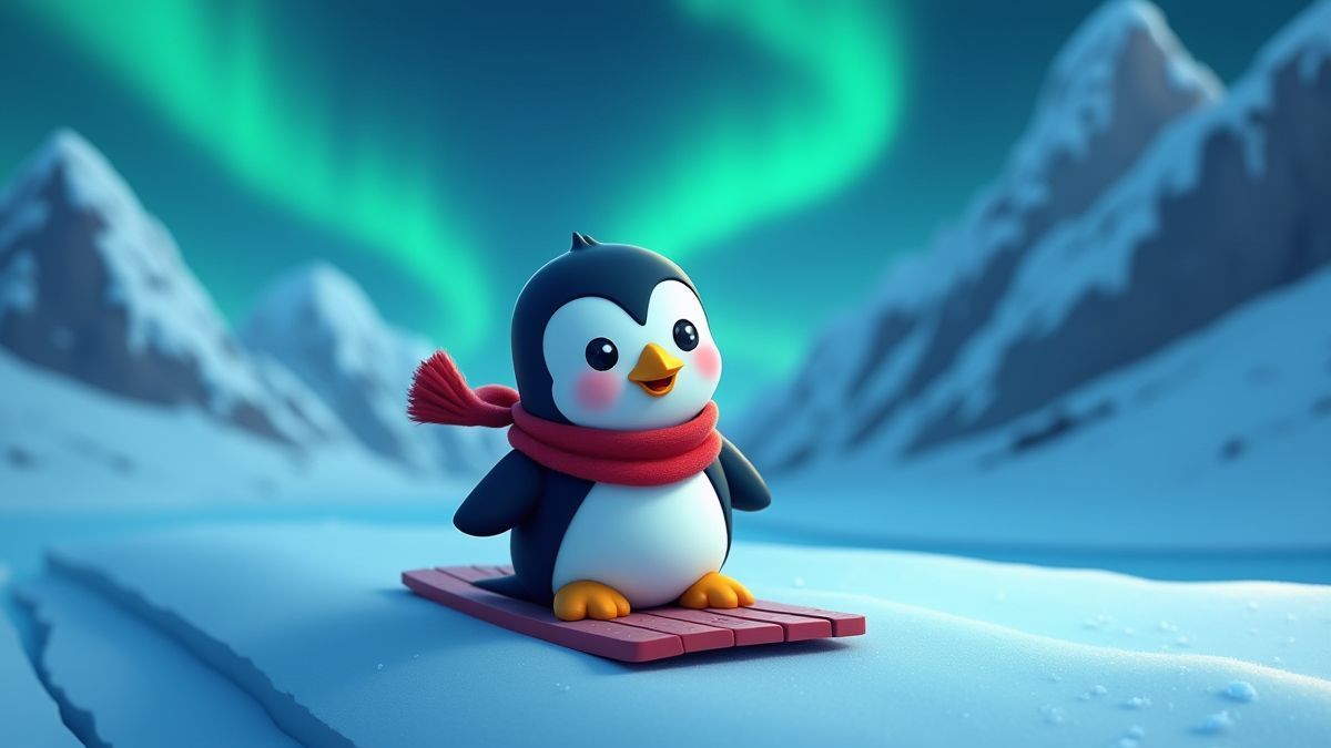 Pingüino animado deslizándose en hielo bajo auroras boreales.