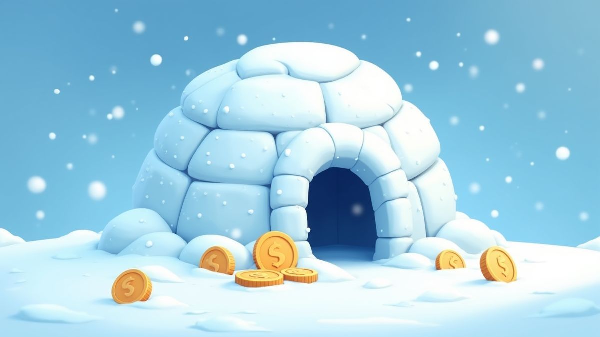 Iglú animado rodeado de nieve y monedas.