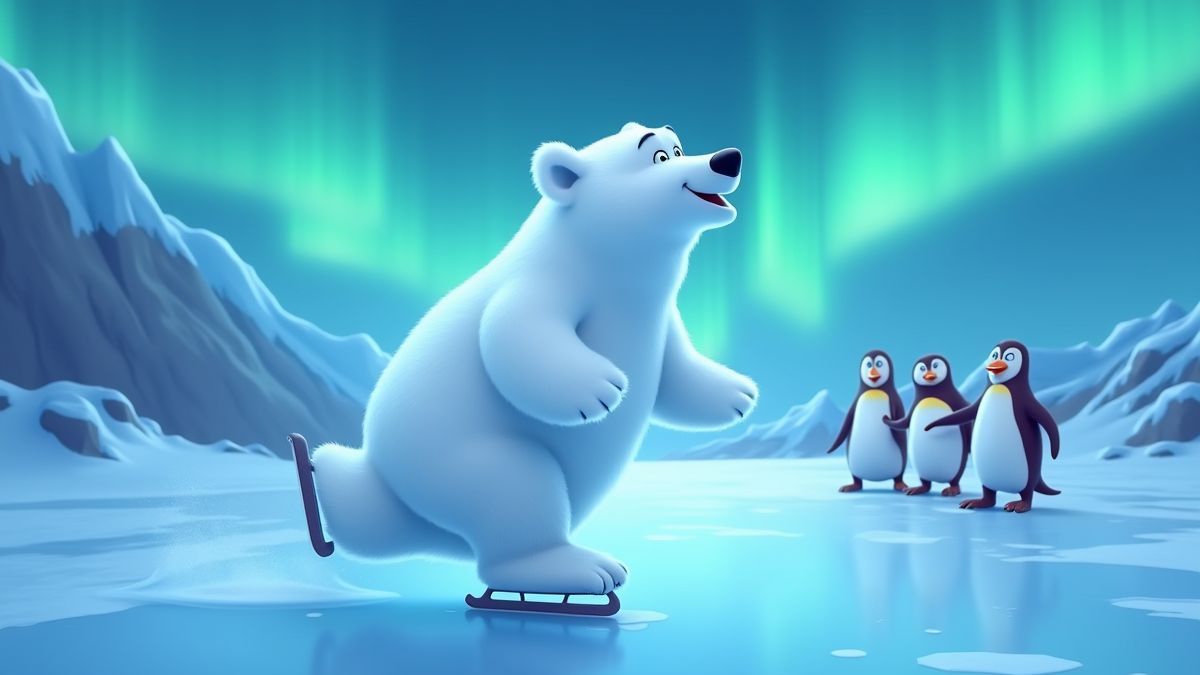 Oso polar animado patinando en hielo con pingüinos animando.