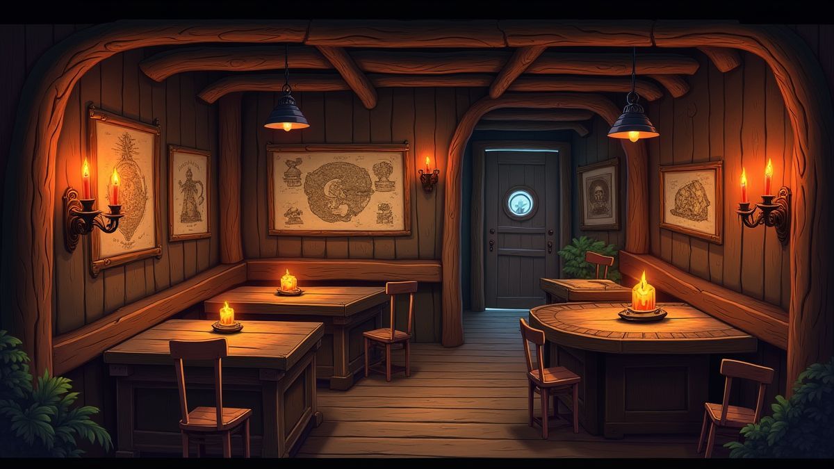 Eine Piratentaverne mit Holztischen und Schatzkarten.