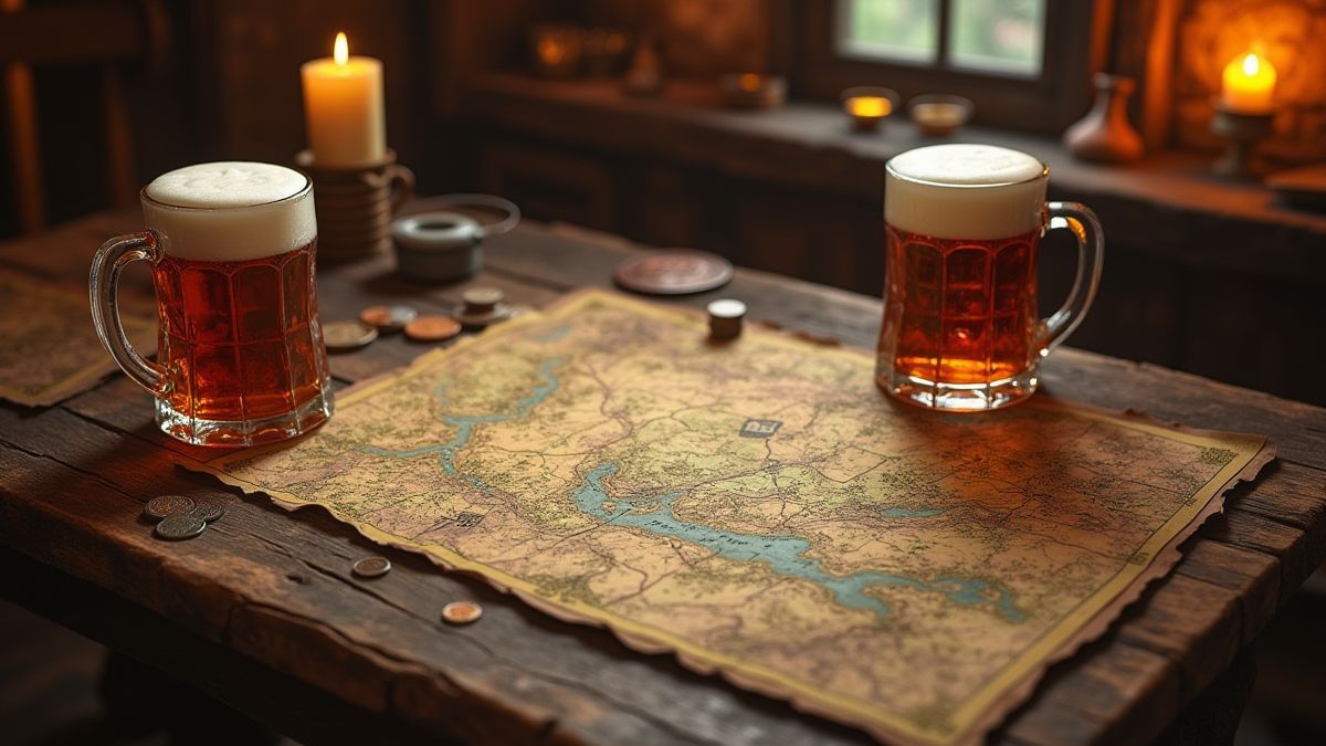 Table de taverne avec des pièces, des cartes et des chopes de bière.