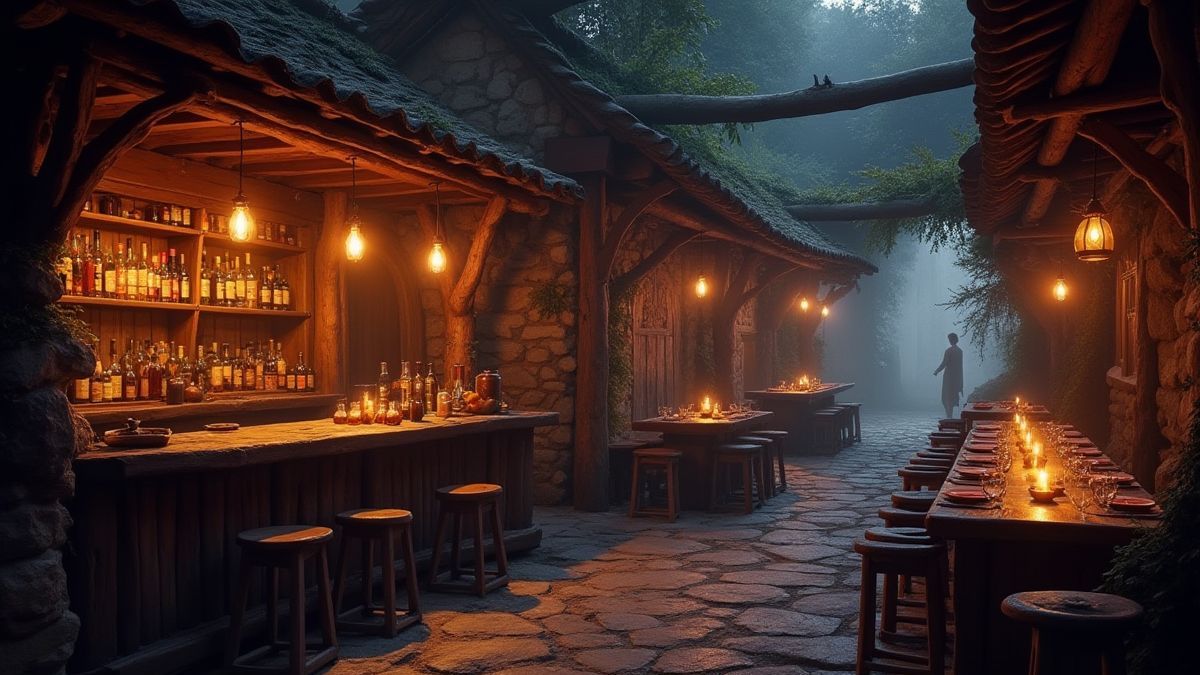 Scène de taverne magique avec des lumières brillantes et une ambiance mystique.