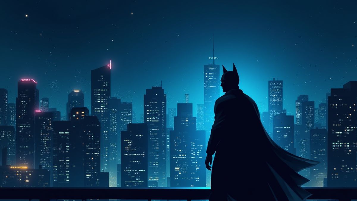 Scène urbaine nocturne avec des gratte-ciels illuminés et la silhouette d'un vigilante.