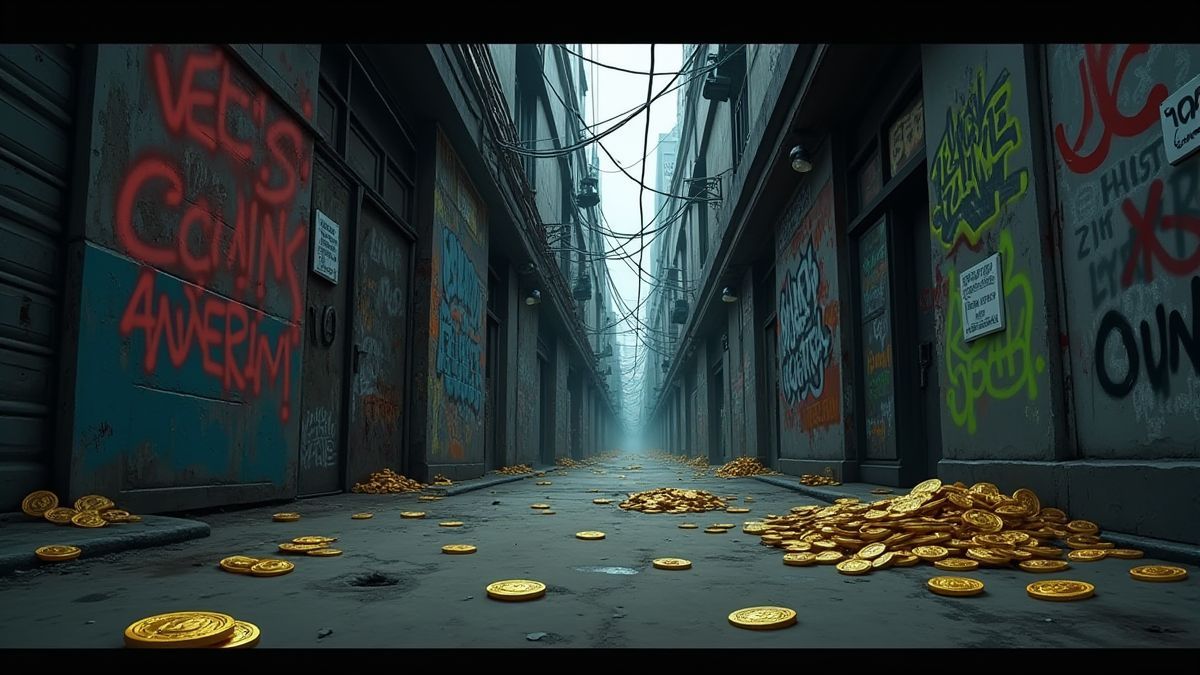 Allée urbaine avec des graffitis, des armes et des pièces brillantes éparpillées.