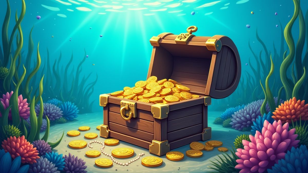 Ein Schatztruhen-unterwasser umgeben von Fischen und Blasen.