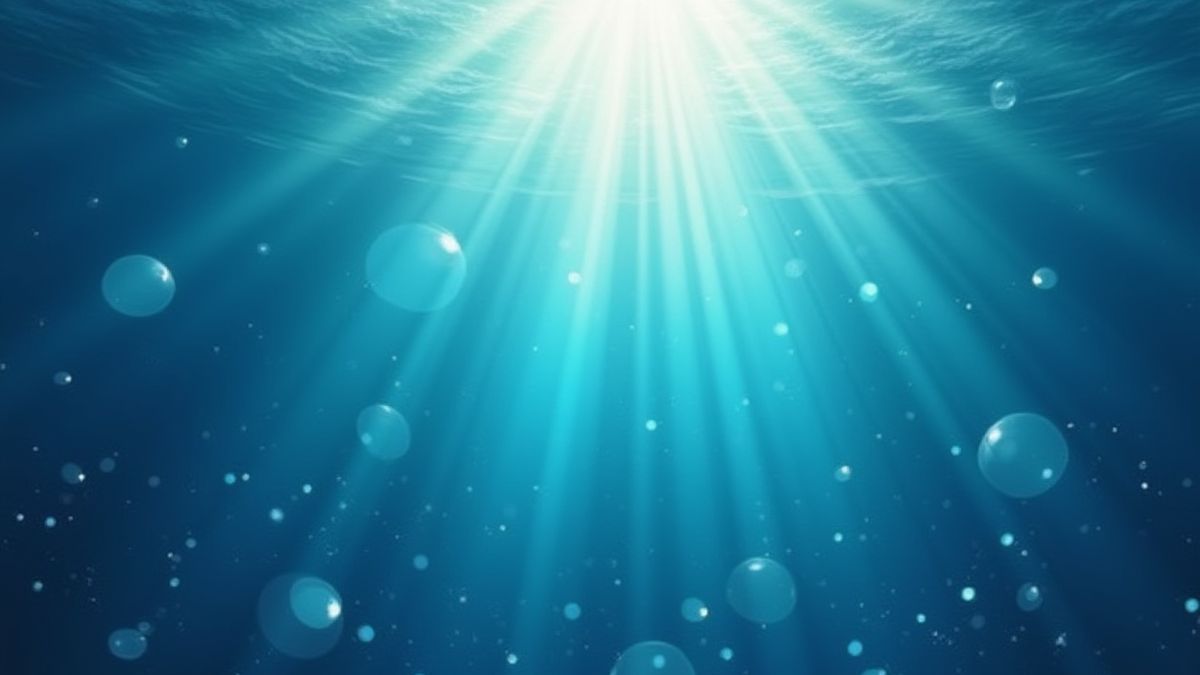 Leuchtende Blasen und Lichtstrahlen in einer Unterwasserumgebung.