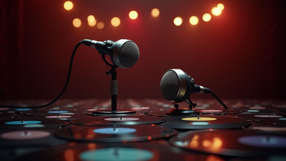 Escenario con micrófonos vintage y discos de vinilo.