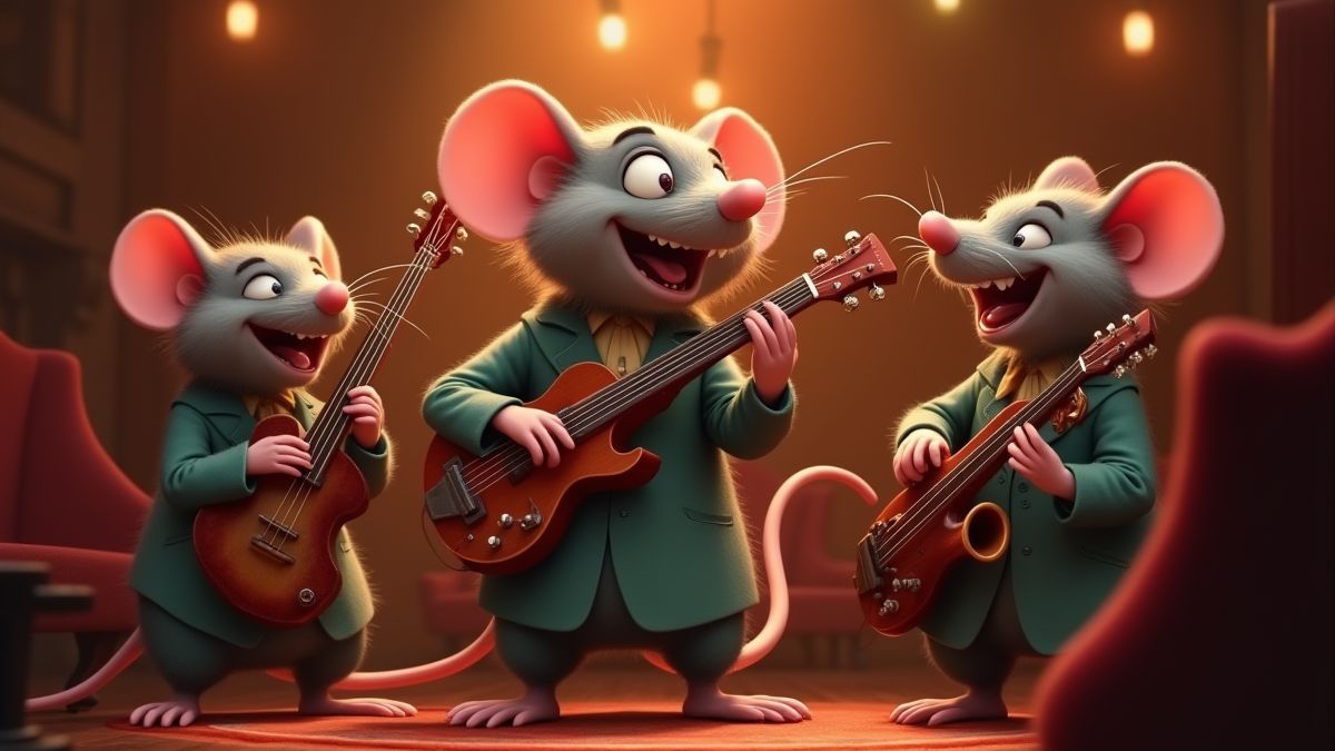 Ratas animadas tocando instrumentos en un club de jazz retro.