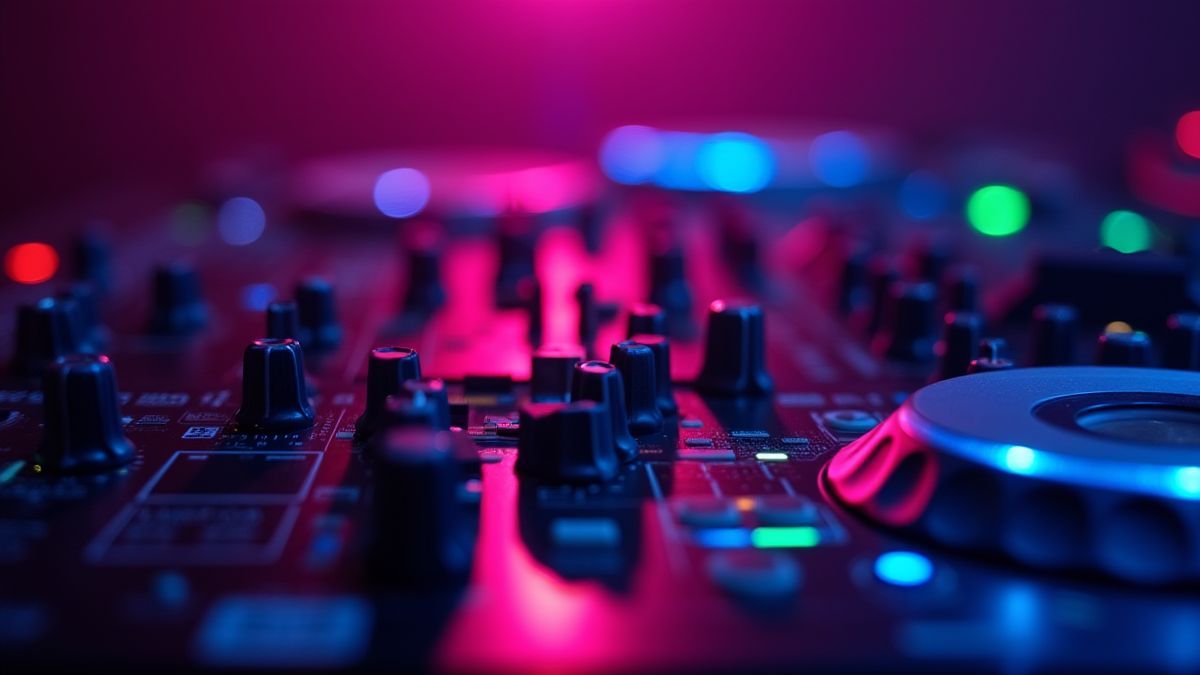 Luces de néon reflejadas en una mesa de DJ en un club oscuro.