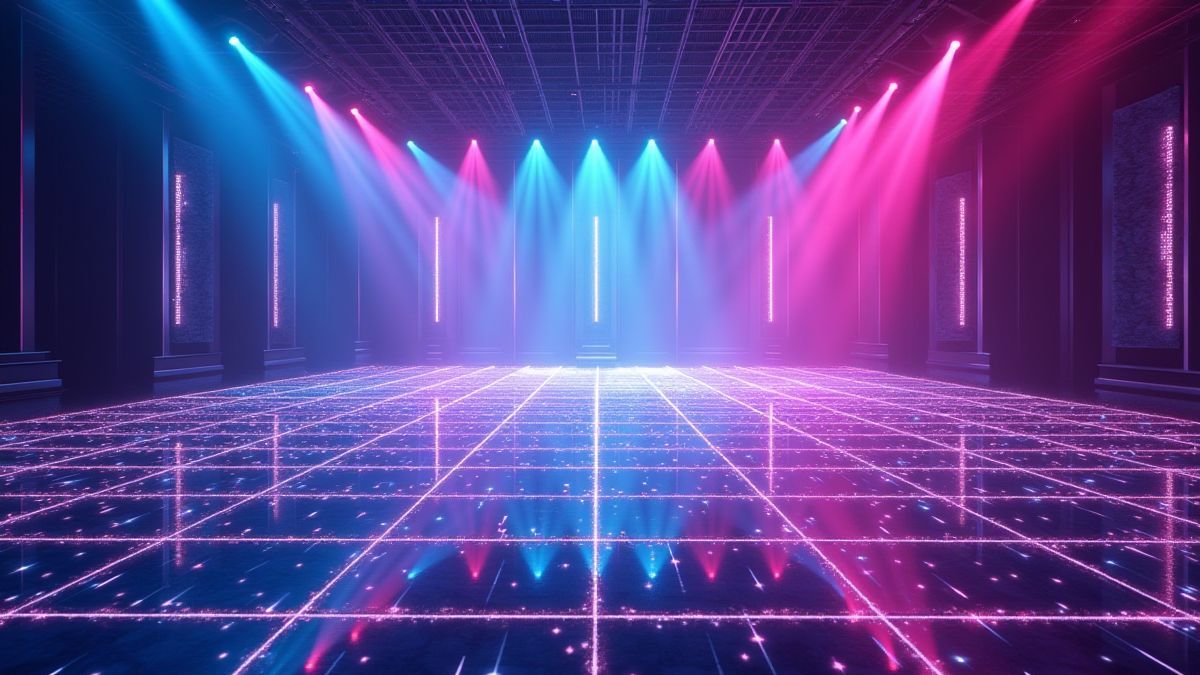 Pista de baile futurista com hologramas e lasers.